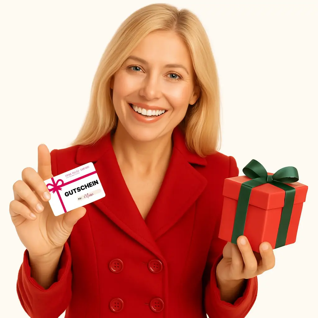 Blonde lächelnde Frau hält einen Gutschein für das Kosmetikstudio Haidhausen München Blonde lächelnde Frau hält einen Gutschein für das Kosmetikstudio Haidhausen München