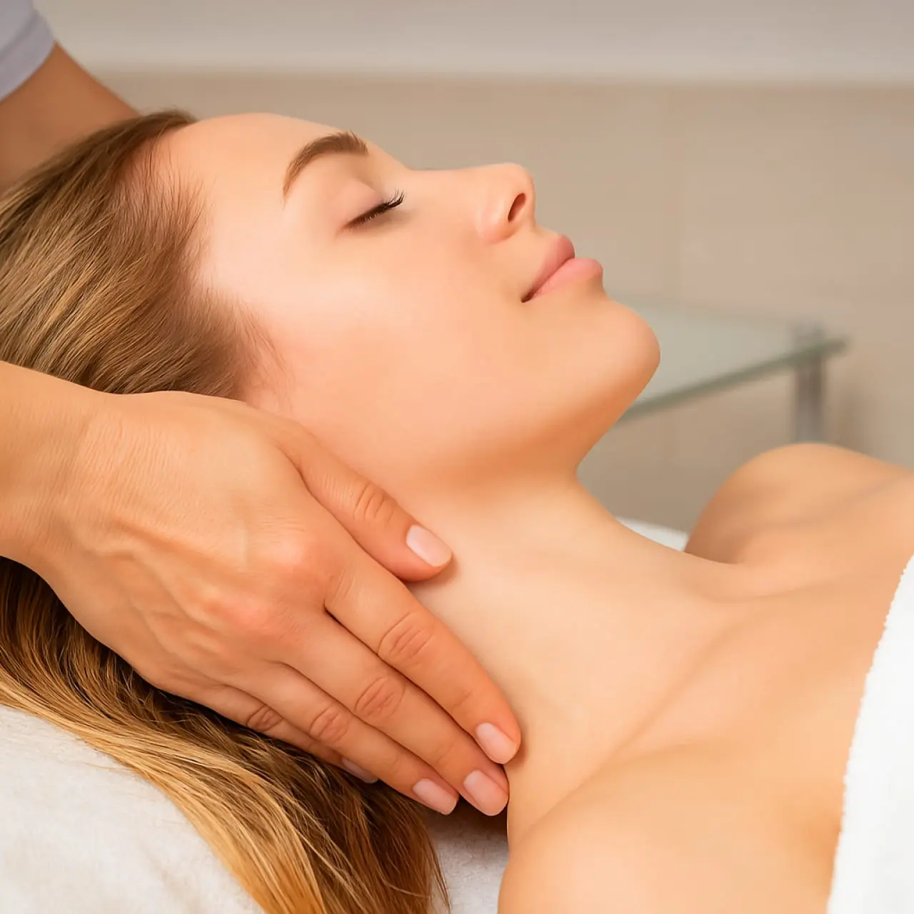 Lymphdrainage Haidhausen - gesichtslymphdrainage-kosmetikstudio Lymphdrainage Haidhausen - Gesichtslymphdrainage im Kosmetikstudio – eine Frau liegt entspannt, während eine Kosmetikerin sanften Druck im Halsbereich ausübt