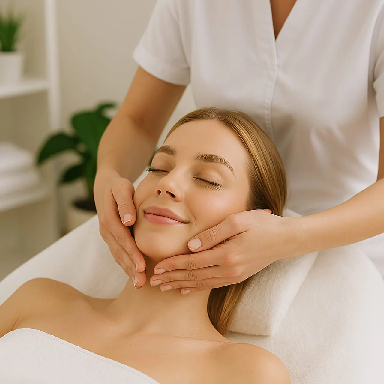 Lymphdrainage Haidhausen - gesichtslymphdrainage Lymphdrainage Haidhausen - Lymphdrainage im Gesicht – eine Frau liegt entspannt, während Kosmetikerin Erika Falise-Suryadi sanften Druck im oberen Halsbereich ausübt