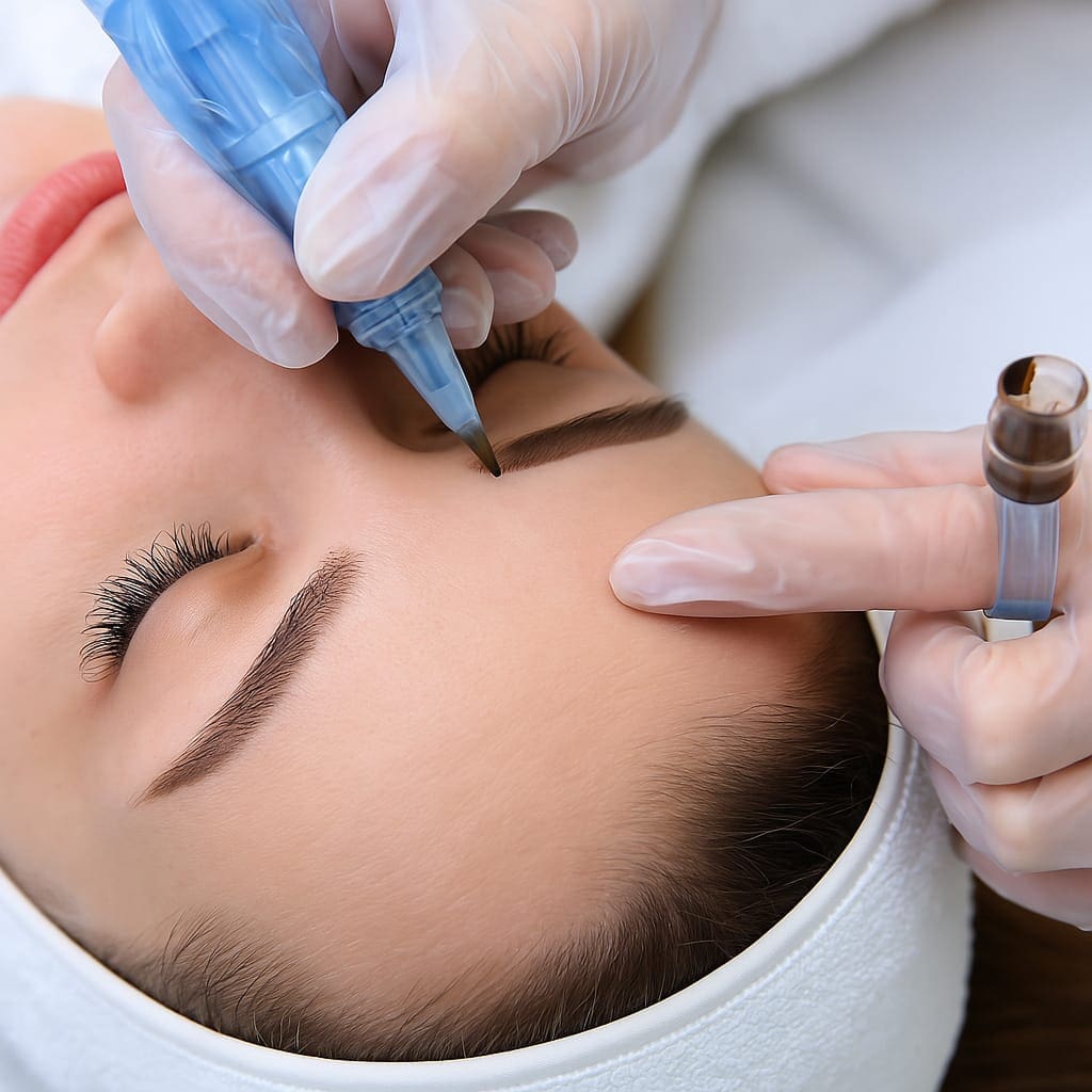 Präzise Permanent Make Up Behandlung der Augenbrauen – Kosmetikerin in München trägt mit feiner Nadel Pigmente auf, um natürliche und dauerhafte Ergebnisse zu erzielen – Permanent Make Up München