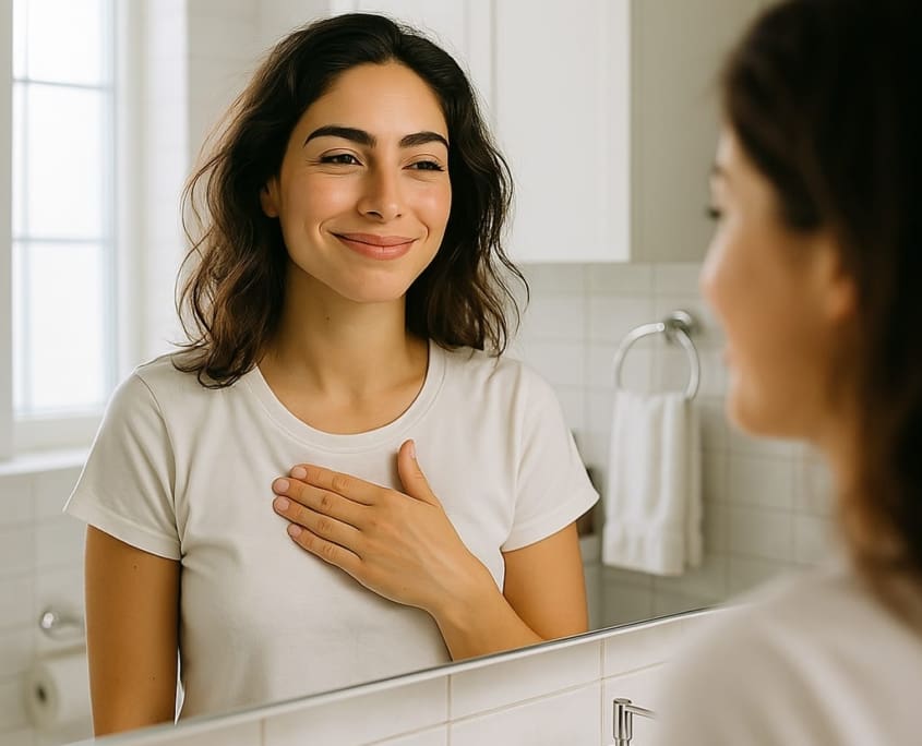 Junge Frau mit Permanent Make Up in München genießt ihre Morgenroutine – natürliches Licht fällt ins stilvolle Badezimmer, Augenbrauen und Lippenkontur sind dezent betont – Permanent Make Up München