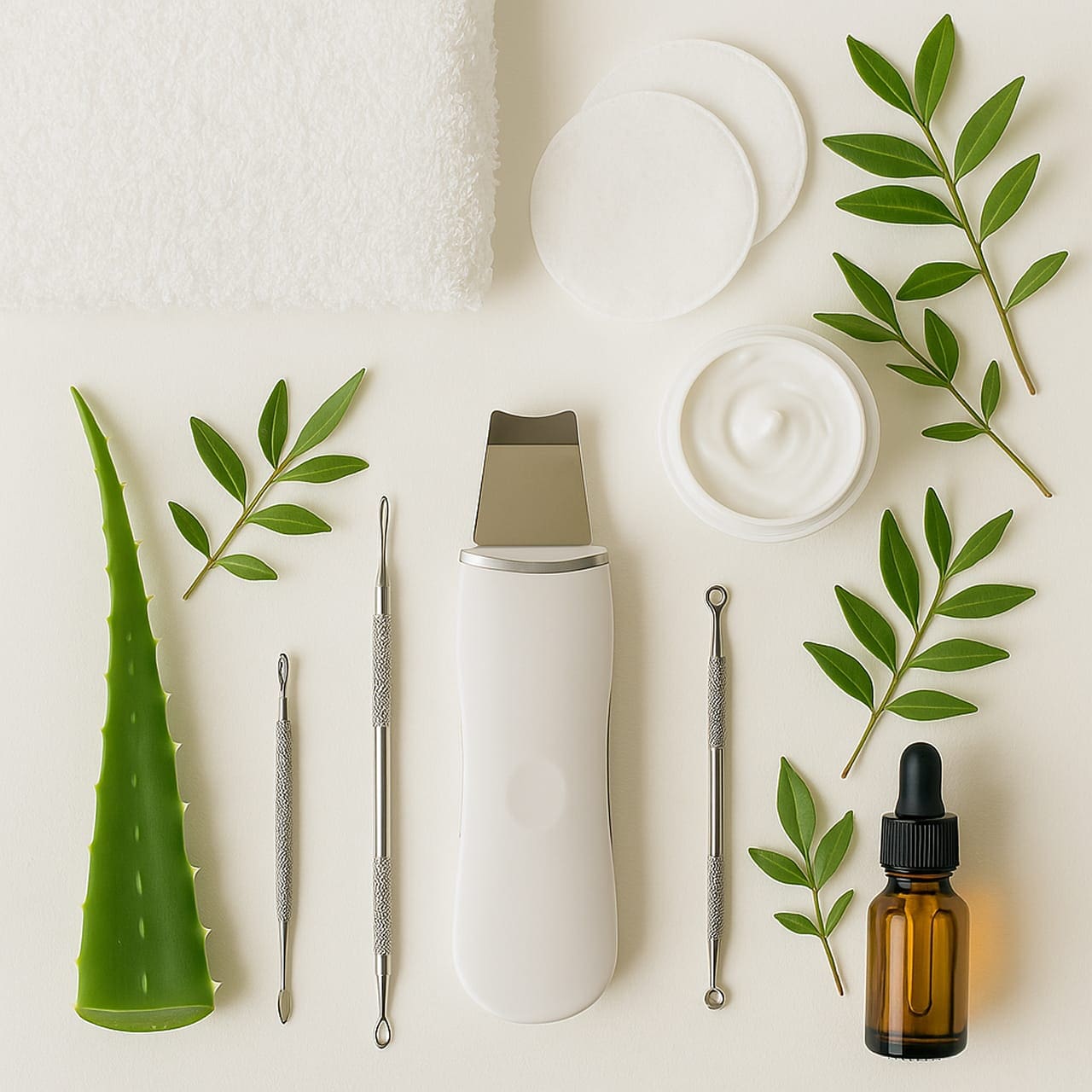 Aknebehandlung München - Natürliche Utensilien für Aknebehandlung – Skincare-Set mit grünen Blättern, Kosmetiktüchern und Pflegeprodukten auf weißem Hintergrund
