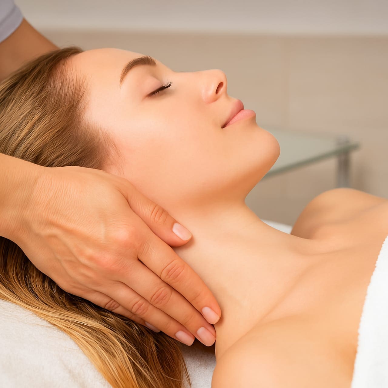 Lymphdrainage Haidhausen - Gesichtslymphdrainage im Kosmetikstudio – eine Frau liegt entspannt, während eine Kosmetikerin sanften Druck im Halsbereich ausübt