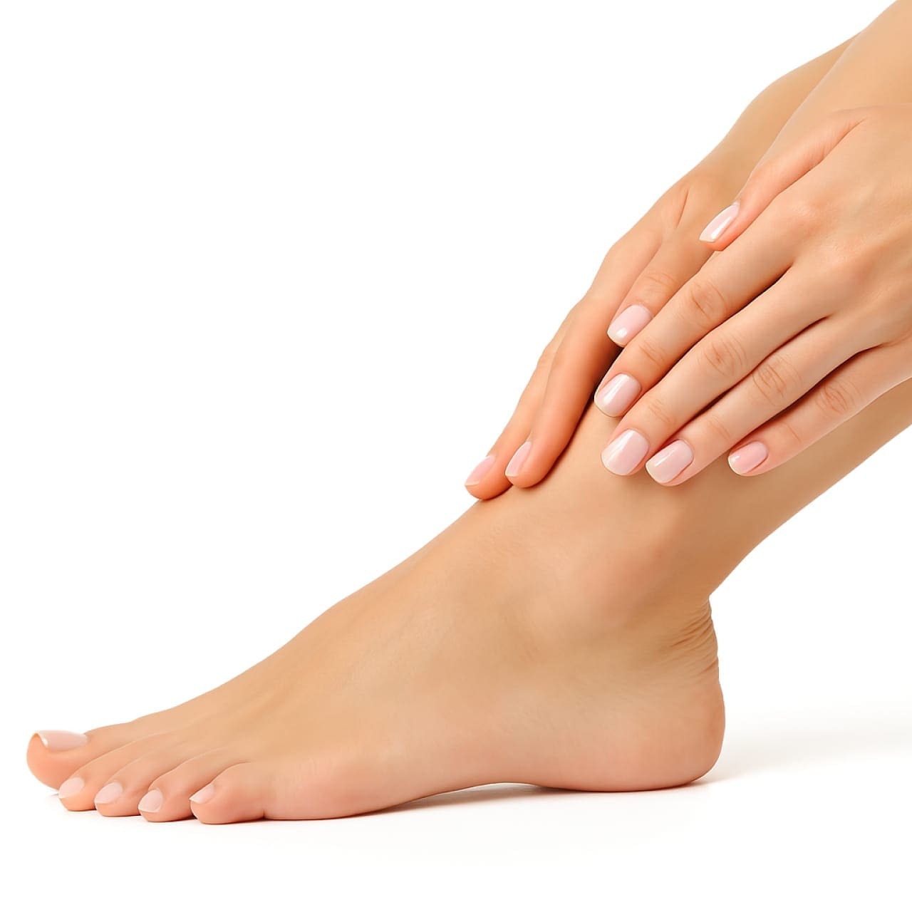 Nagelstudio Haidhausen - Gepflegte Hände und Füße mit zartem Nagellack vor weißem Hintergrund – ideale Darstellung für Maniküre- und Pediküre-Angebote