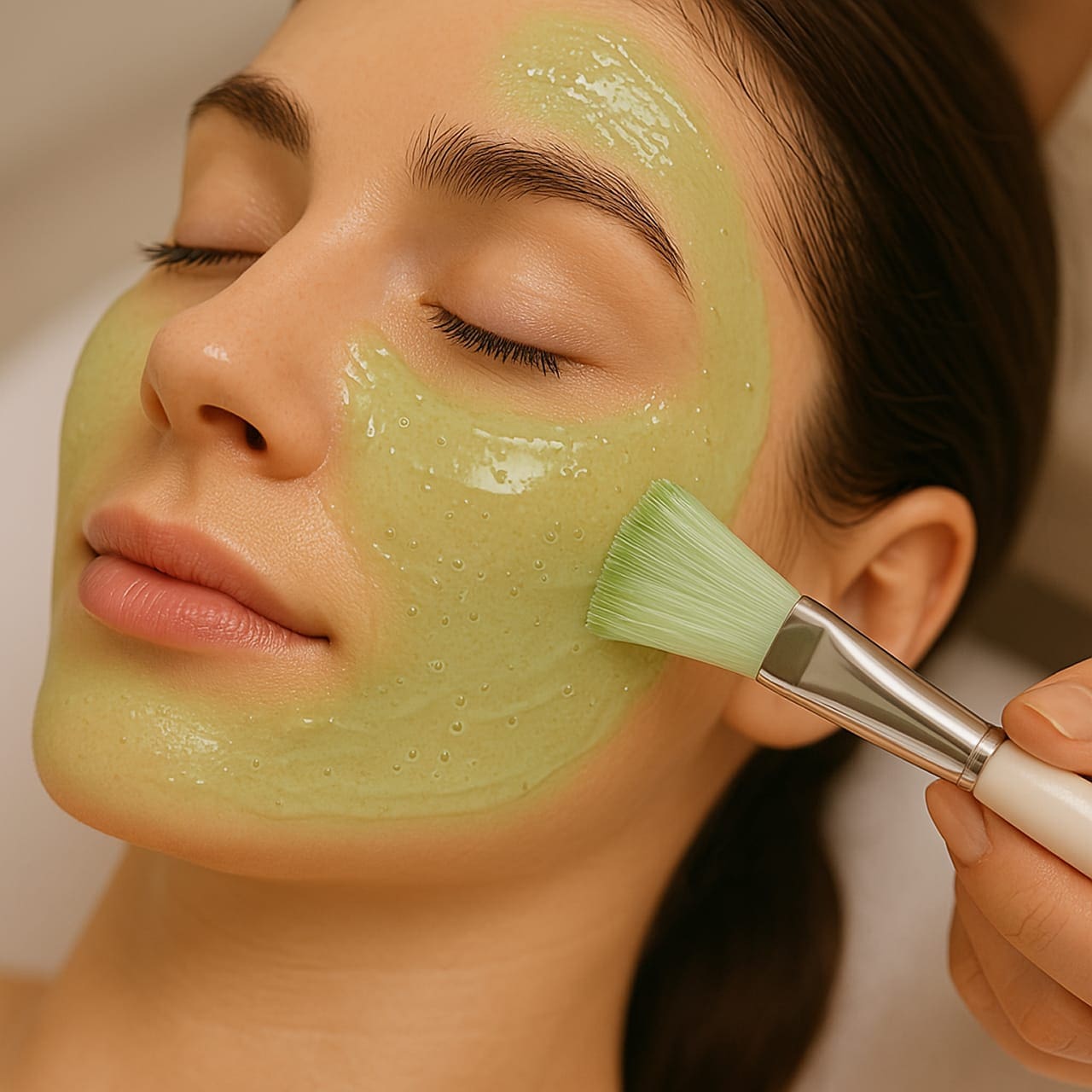 Aloe Vera Kosmetik München – Nahaufnahme einer Gesichtsbehandlung mit zart grünlichem Aloe-Vera-Gel, das mit einem Pinsel gleichmäßig aufgetragen wird